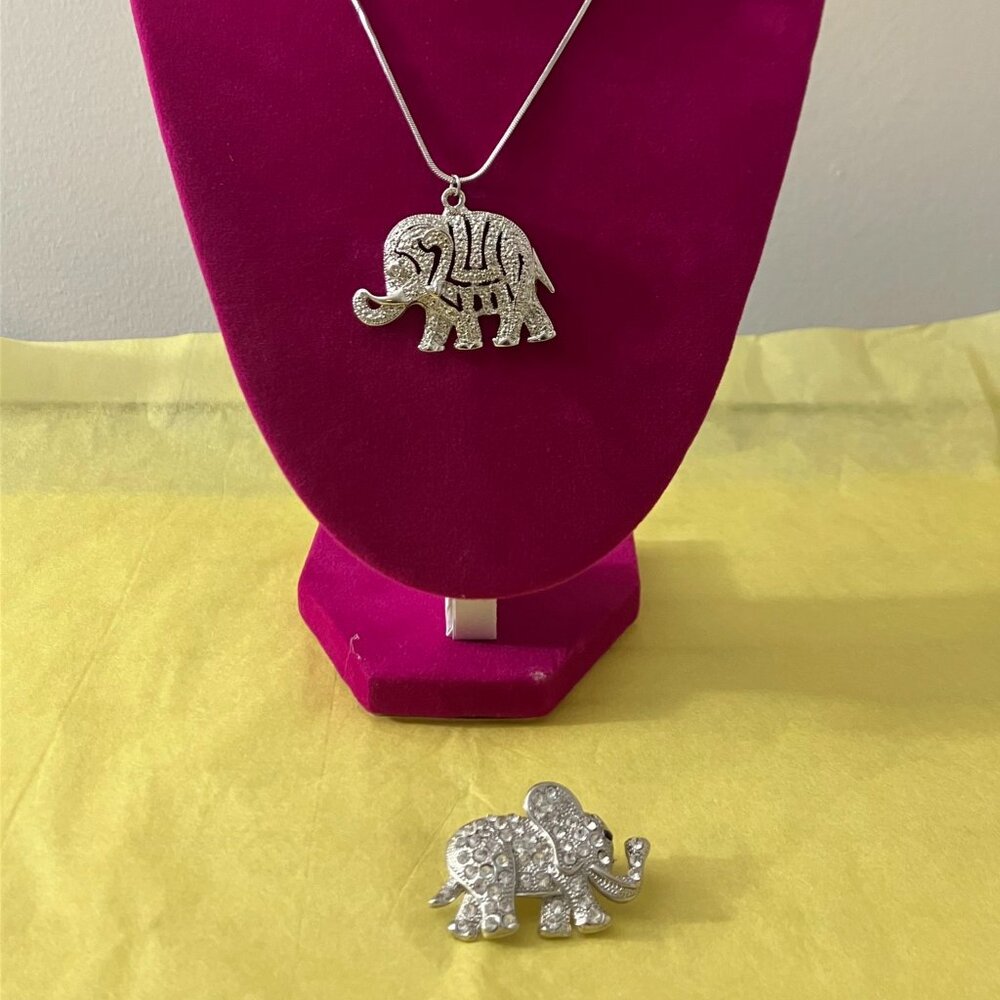 Elephant Necklace & Brooch in Silver Tone